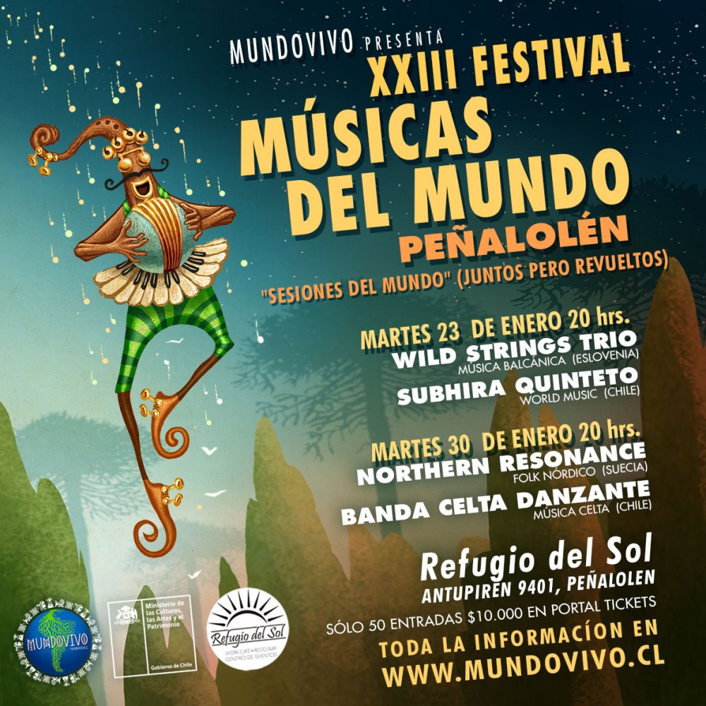 Flyer Evento FESTIVAL DE MUSICAS DEL MUNDO EN REFUGIO DEL SOL - 23 DE ENERO