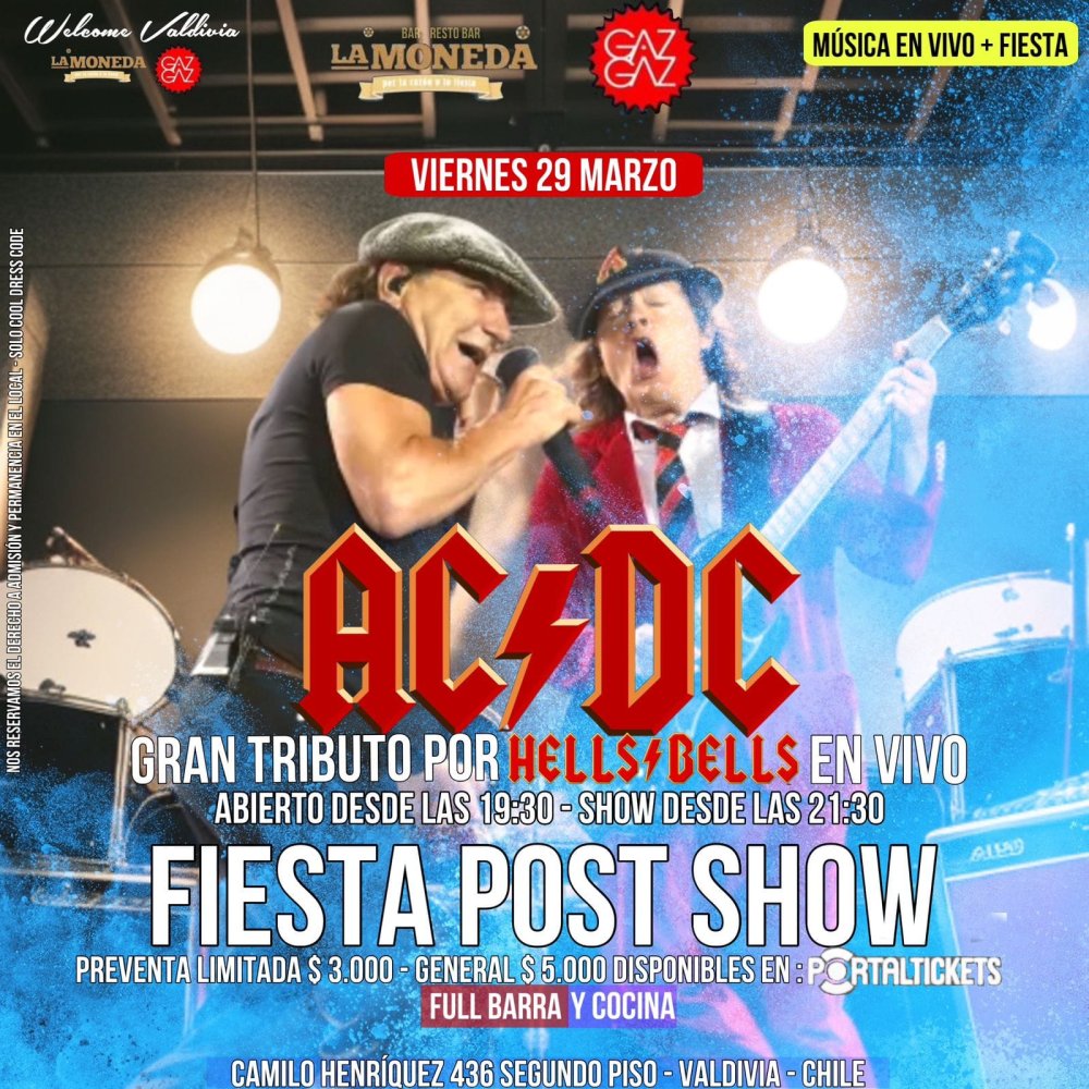 Flyer TRIBUTO A AC/DC EN VIVO EN GAZGAZ, VALDIVIA